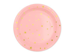 Farfurii de hârtie roz cu stele aurii - 23 cm - 6 buc.