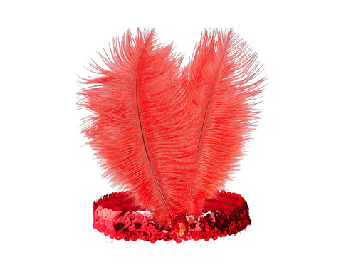 Bentiță roșie Gatsby cu pene și bijuterii