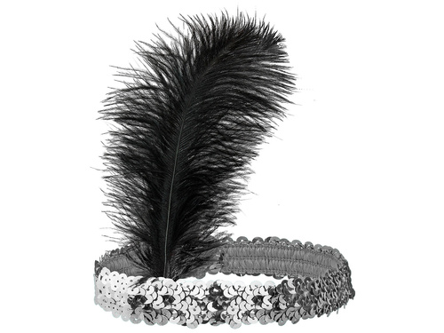 Bentiță retro argintie cu pene și paiete - 1 buc.