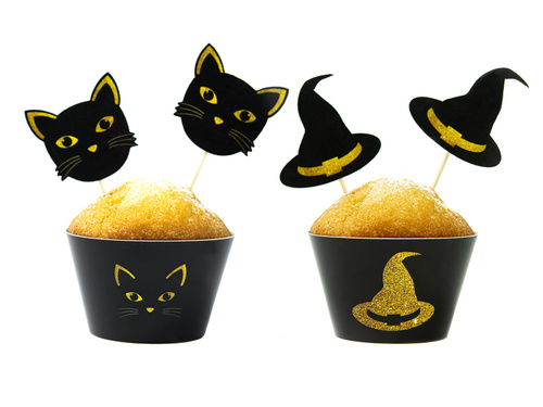 Set decorațiuni pentru prăjituri Vrăjitoare și pisică - 12 buc.