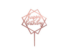 Topper pentru tort din plexiglas Happy Birthday roz auriu - 1 buc.