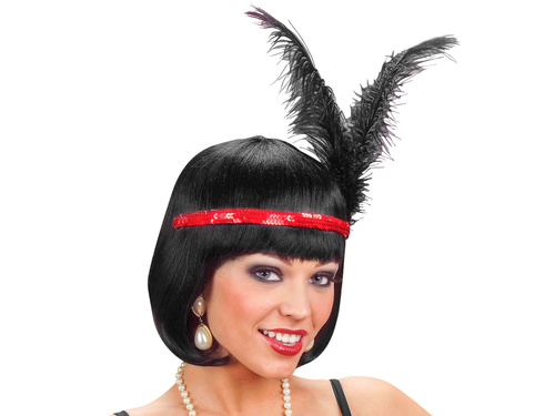 Bentiță retro roșie cu pene și paiete - 1 buc.