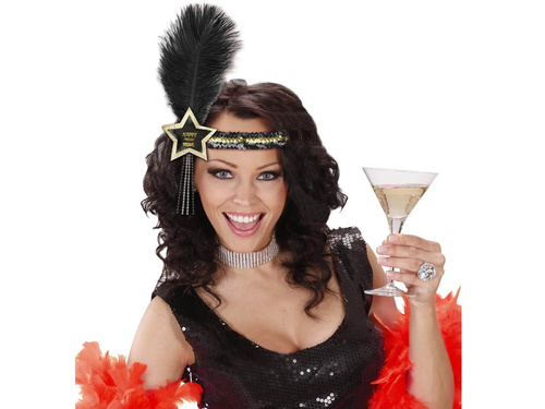 Bentiță cu pene de Anul Nou fericit în negru și auriu - 1 buc.