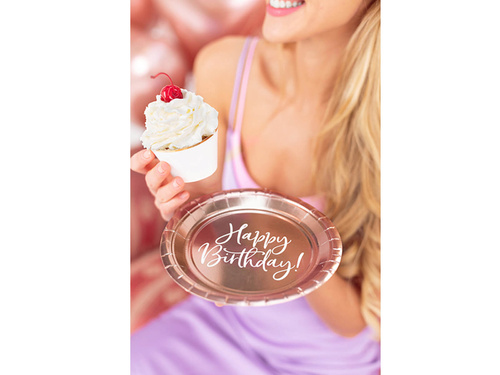 Farfurii aniversare Happy Birthday roz auriu - 18 cm - 6 buc.