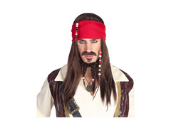 Peruca Piratul din Caraibe cu bandană, mustață și cioc cu mărgele