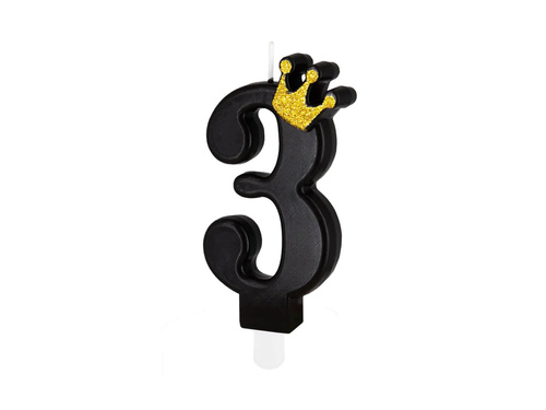 Lumânare numărul trei neagră cu coroană - 3 - 1 buc.