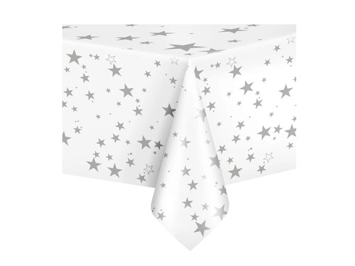 Față de masă aniversară albă cu stele argintii - 137 x 274 cm - 1 buc.