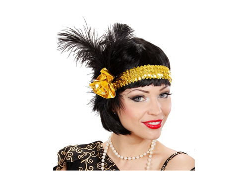 Bentiță Charleston aurie cu flori și pene