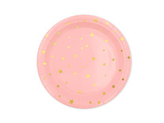 Farfurii de hârtie roz cu stele aurii - 18 cm - 6 buc.