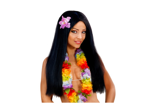 Hawaiian negru peruca lunga cu orhidee