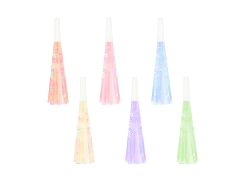 Fluier de trompetă derulat cu ciucuri colorați - 6 buc