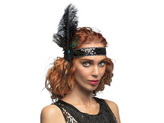 Bentiță retro neagră cu pene și mărgele - 1 buc.