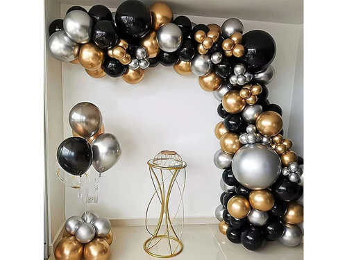 Set de baloane pentru ghirlandă în culori negru, argintiu și auriu – 108 bucăți.