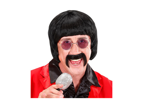 Peruca neagră a lui Music Man din anii 1960. cu mustață și ochelari