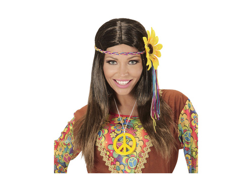 Peruca hippie maro cu bentiță multicoloră cu motive de floarea soarelui