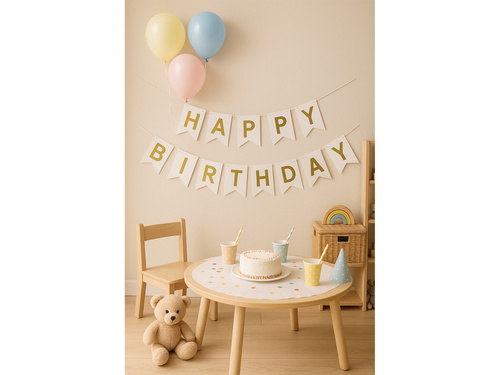 Steag alb cu inscripția Happy Birthday - 190 cm - 1 buc.