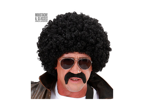 Peruca neagră creț agent cu mustață și ochelari de soare