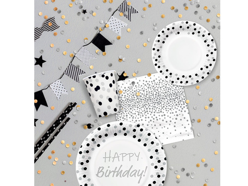 Farfurii aniversare Confetti argintiu și negru - 18 cm - 8 buc.