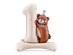 Balon vertical din folie numărul 1 cu ursuleț de pluș - 81 cm - 1 buc.