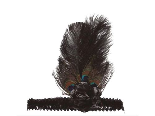 Bentiță retro neagră cu pene și mărgele - 1 buc.