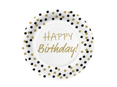 Happy Birthday Farfurii confetti aurii și negre - 23 cm - 10 buc.