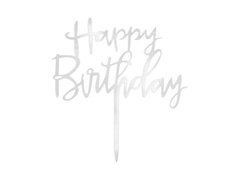Topper pentru tort Happy Birthday argintiu - 1 buc.