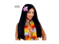 Hawaiian negru peruca lunga cu orhidee