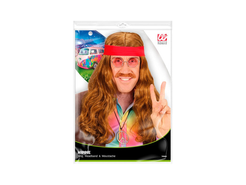 Peruca hippie cu bandă roșie și mustață