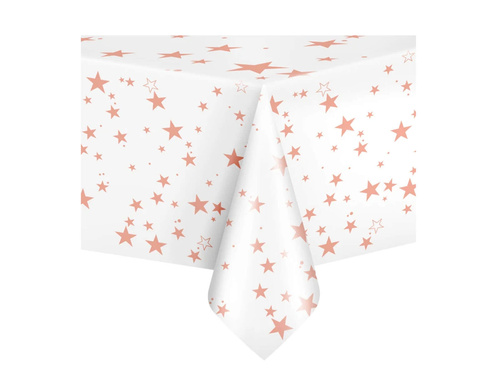 Față de masă aniversară albă cu stele roz și aurii - 137 x 274 cm - 1 buc.