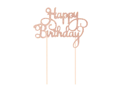 Topper de tort Happy Birthday sclipici roz auriu - 1 buc.