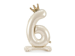 Balon vertical din folie numărul 6 crem cu coroană - 84 cm - 1 buc.