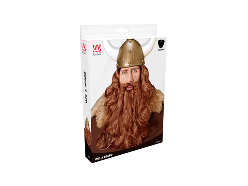Peruca vikingă maro cu barbă și mustață