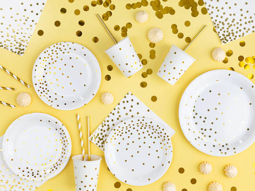 Farfurii de hârtie albe cu mazăre aurie - 23 cm - 6 buc.