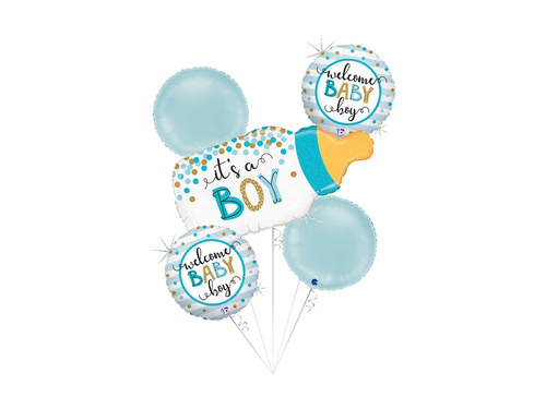 Buchet de baloane din folie de sticlă de lapte pentru Baby Shower pentru un băiat - 29" + 14" - 5 buc.
