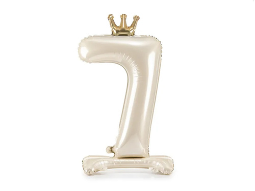 Balon vertical din folie numărul 7 crem cu coroană - 84 cm - 1 buc.