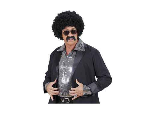 Peruca neagră creț agent cu mustață și ochelari de soare