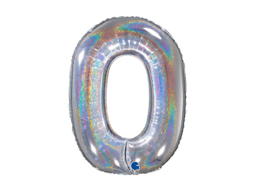 Balon din folie numărul 0 argintiu holografic sclipitor - 26" - 1 buc.