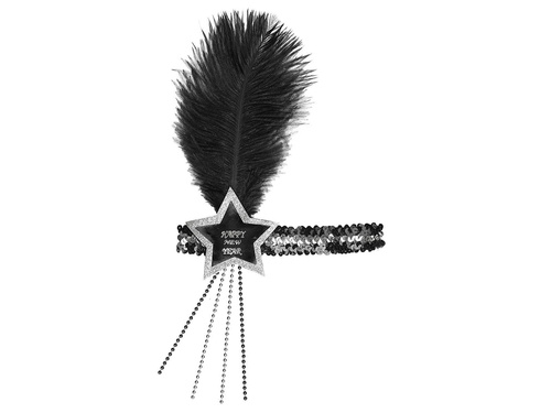 Bentiță cu pene Happy New Year negru și argintiu - 1 buc.