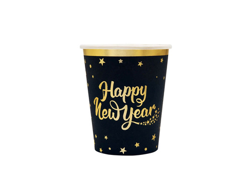 Pahare de hârtie pentru Ajunul Anului Nou Happy New Year negru - 266 ml - 6 buc.