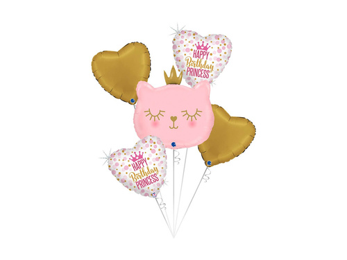 Buchet de baloane din folie roz pisicuță cu inimioare Happy Birthday Princess - 21" + 14" - 5 buc.