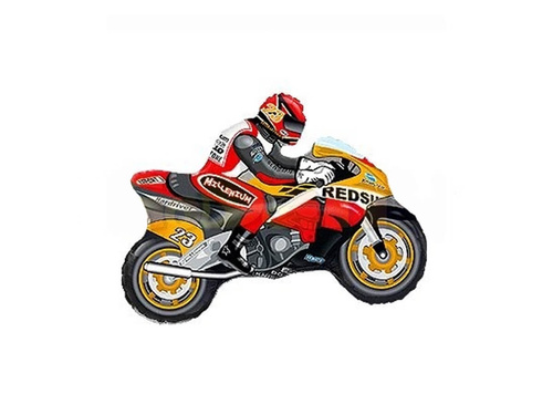 Balon baston cu folie portocaliu și roșu cu motocicletă - 31 x 24 cm - 1 buc.