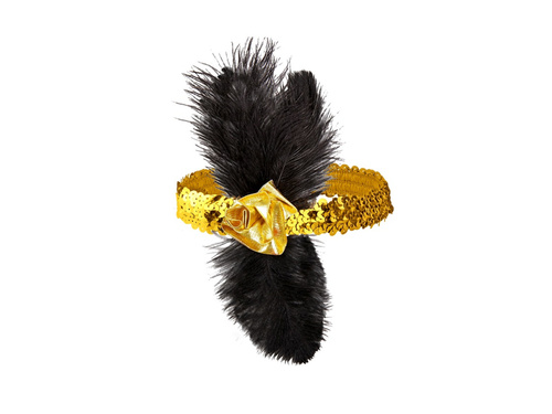 Bentiță Charleston aurie cu flori și pene