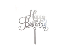 Plexiglas tort topper Happy Birthday argint - 1 buc.