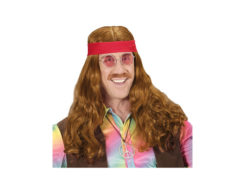 Peruca hippie cu bandă roșie și mustață