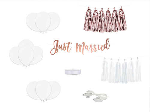 Set decorațiuni pentru mașină Just Married rose gold - 7 articole.