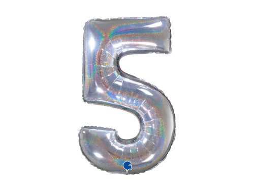Balon din folie numărul 5 argintiu holografic cu sclipici - 26" - 1 buc.