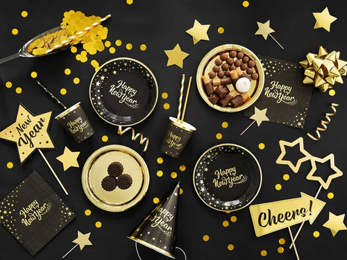 Pahare de hârtie pentru Ajunul Anului Nou Happy New Year negru - 266 ml - 6 buc.