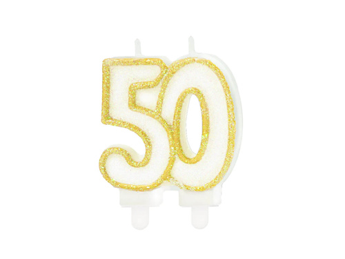 Lumânare aniversară de 50 de ani cu sclipici auriu - 8,5 cm - 1 buc.