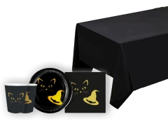 Set față de masă + cești + șervețele + farfurii de hârtie Vrăjitoare și pisică - 45 buc.