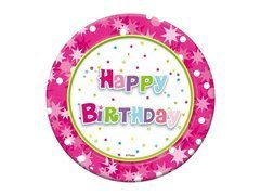 Happy Birthday Farfurii de hârtie roz - 18 cm - 6 buc.